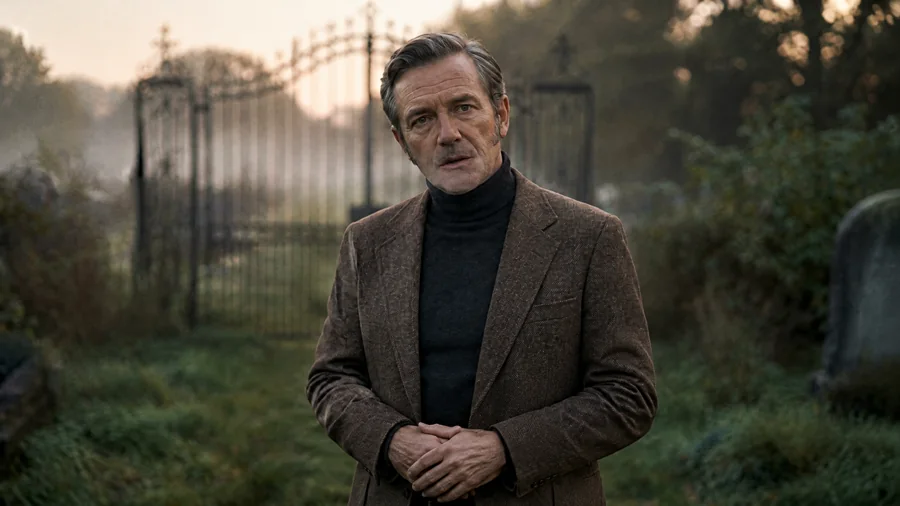 The Investigator, the series' AI-generated host, beside a misty cemetery gate